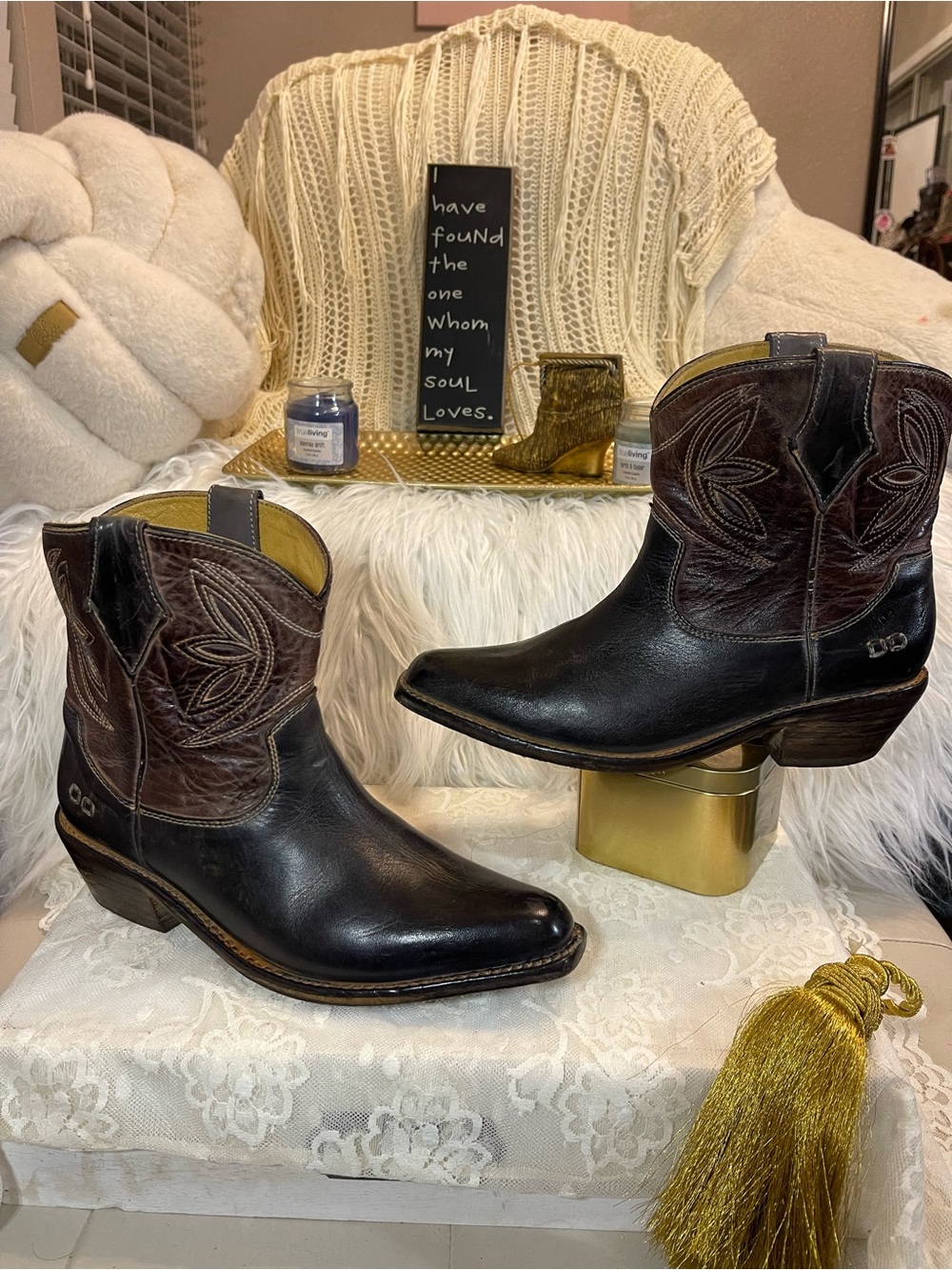 Bed Stu Cobbler Series “Filly” Western Ankle Boots in Rustic Black/Dark Charcoal